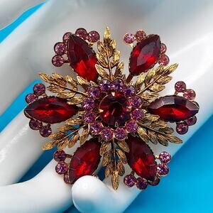 Vintage Pink Red Rhinestone Floral Brooch, Gold Tone Leaves, 1950s, 1 3/4"